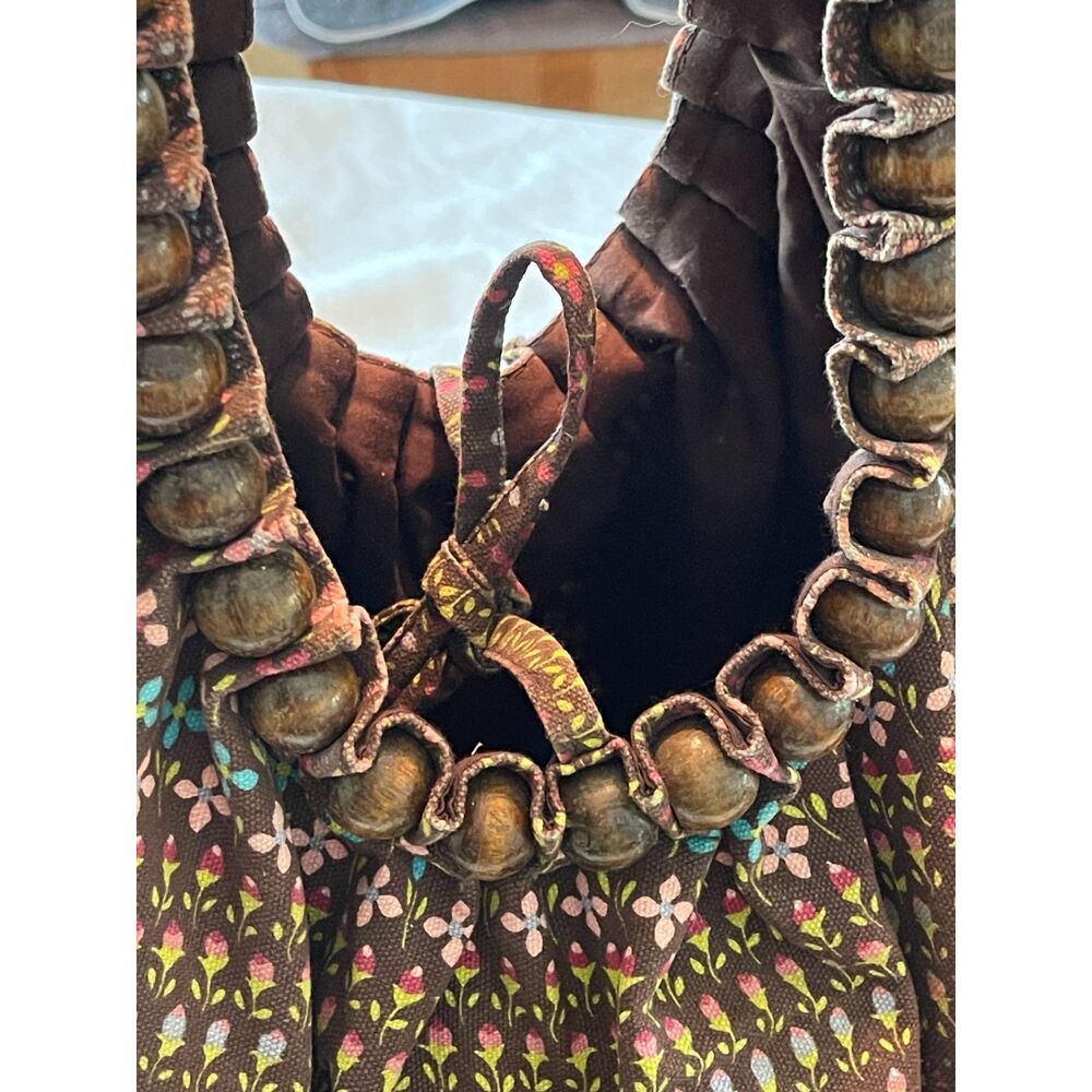 Vintage Floral Canvas Hobo Bag Wood Bead Handle Boho Brown Flowers Roomy 1980s - Picture 4 of 9